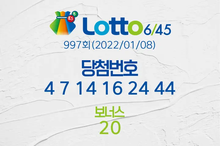 동행복권 로또6/45 997회(2022/01/08) 당첨결과 4 7 14 16 24 44 보너스 20, 1등 배출 전국 판매점