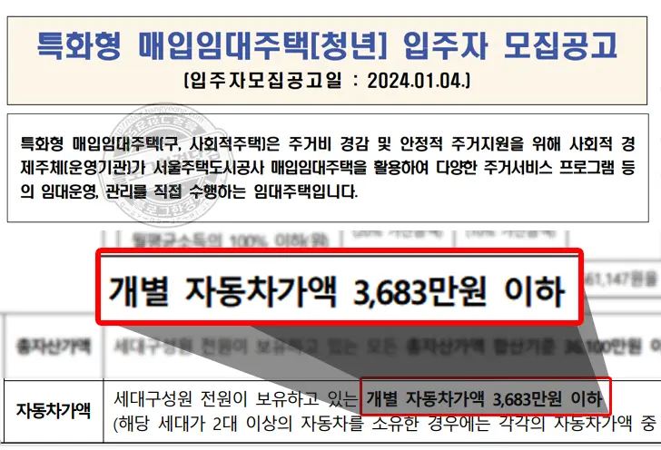 2024년 공공 분양 임대 주택 차량가액 LH SH GH 공공분양 신혼희망타운 행복주택 국민임대 장기전세