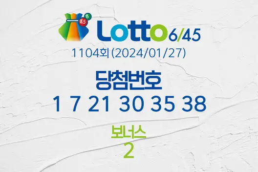 로또당첨번호조회 1104회(2024/01/27) 로또당첨번호 1 7 21 30 35 38 보너스 2, 로또1등당첨지역