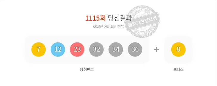 로또당첨번호 7, 12, 23, 32, 34, 36 보너스 8