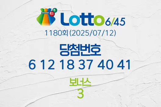 로또당첨번호조회 1180회(2025/07/12) 로또당첨번호 6 12 18 37 40 41 보너스 3, 로또1등당첨지역