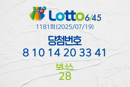 로또당첨번호조회 1181회(2025/07/19) 로또당첨번호 8 10 14 20 33 41 보너스 28, 로또1등당첨지역