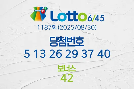 로또당첨번호조회 1187회(2025/08/30) 로또당첨번호 5 13 26 29 37 40 보너스 42, 로또1등당첨지역