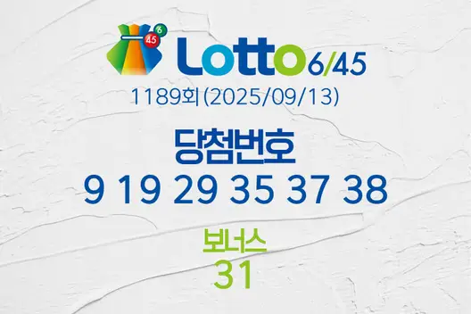 로또당첨번호조회 1189회(2025/09/13) 로또당첨번호 9 19 29 35 37 38 보너스 31, 로또1등당첨지역