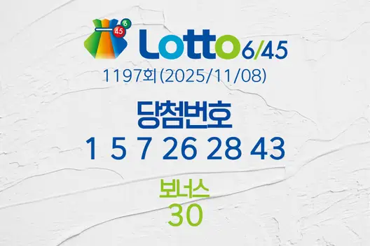 로또당첨번호조회 1197회(2025/11/08) 로또당첨번호 1 5 7 26 28 43 보너스 30, 로또1등당첨지역