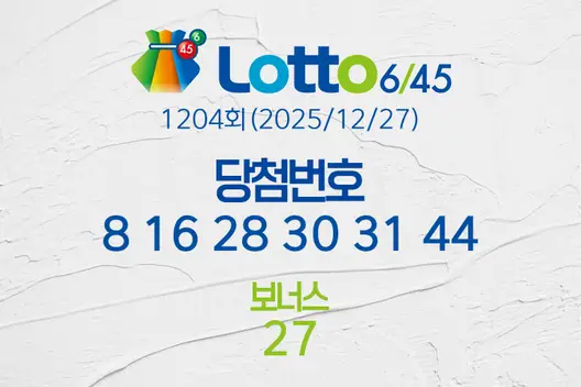 로또당첨번호조회 1204회(2025/12/27) 로또당첨번호 8 16 28 30 31 44 보너스 27, 로또1등당첨지역