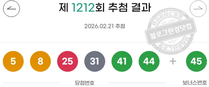 로또당첨번호 5  8  25  31  41  44 보너스 45