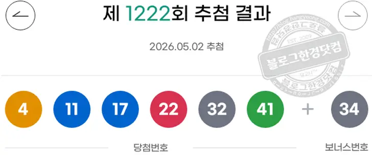 로또당첨번호 4  11  17  22  32  41 보너스 34