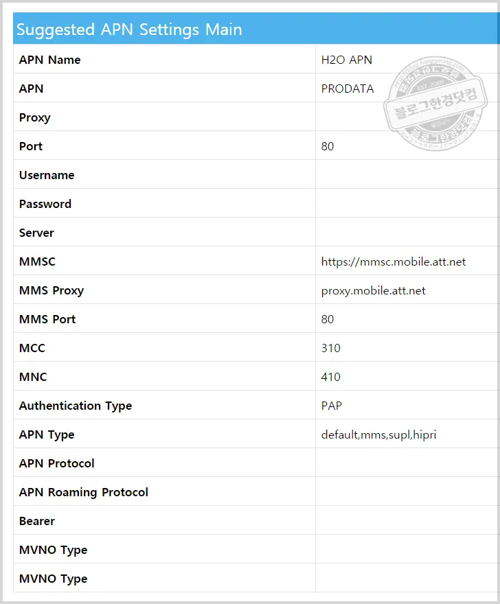 미국 H2O wireless  통신사(ATT계열) 4G LTE APN 세팅 값