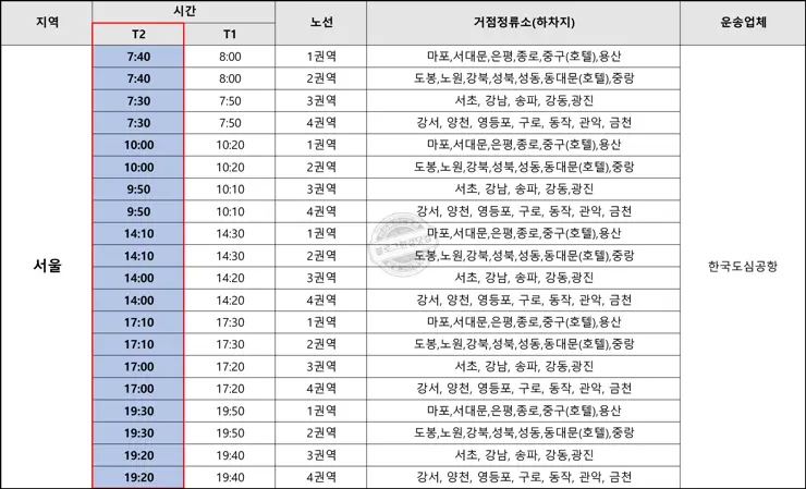 인천공항 T2 T1 방역버스 시간표 (2022.2.7 부터) – 서울, 경기, 광명, 전주, 강원도 방향