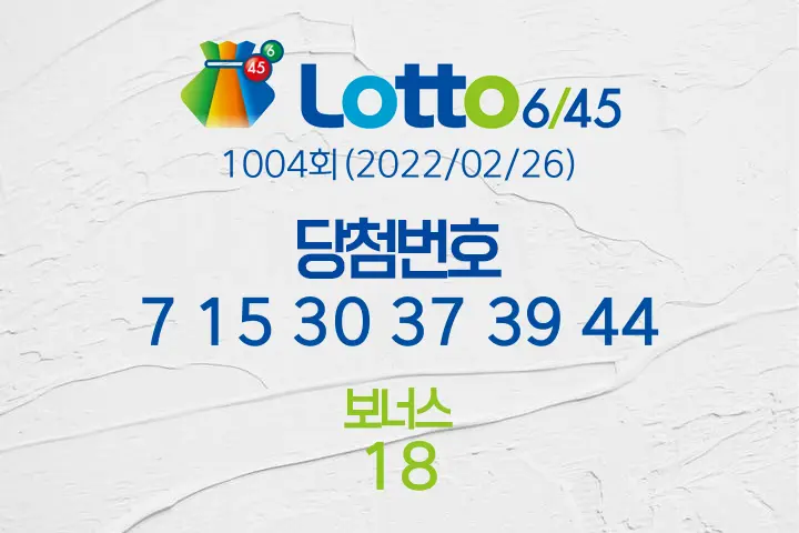 동행복권 로또6/45 1004회(2022/02/26) 당첨결과 7 15 30 37 39 44 보너스 18, 1등 배출 전국 판매점