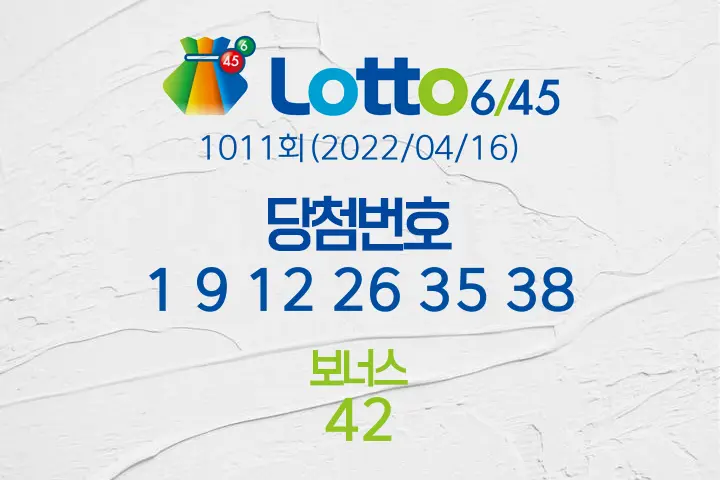 로또당첨번호조회 1011회(2022/04/16) 로또당첨번호 1 9 12 26 35 38 보너스 42, 로또1등당첨지역