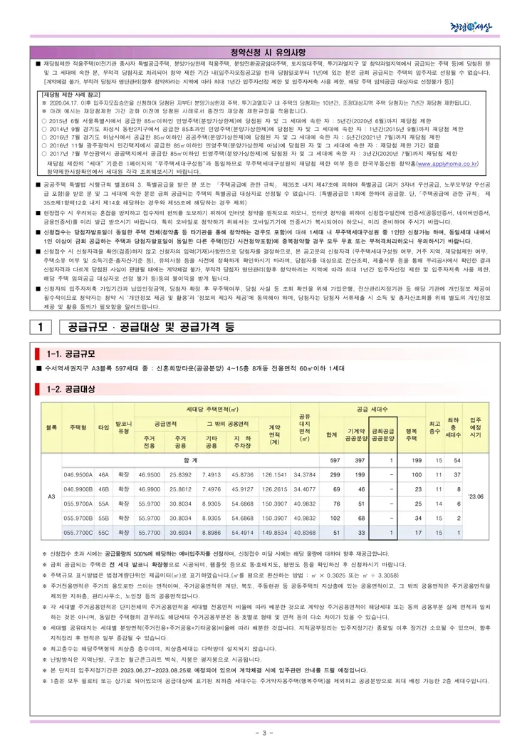 수서역세권 A3블록 신혼희망타운(공공분양) 잔여세대(1세대) 입주자 모집공고