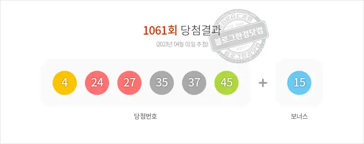 로또당첨번호조회 1061회(2023/04/01) 로또당첨번호 4 24 27 35 37 45 보너스 15, 로또1등당첨지역