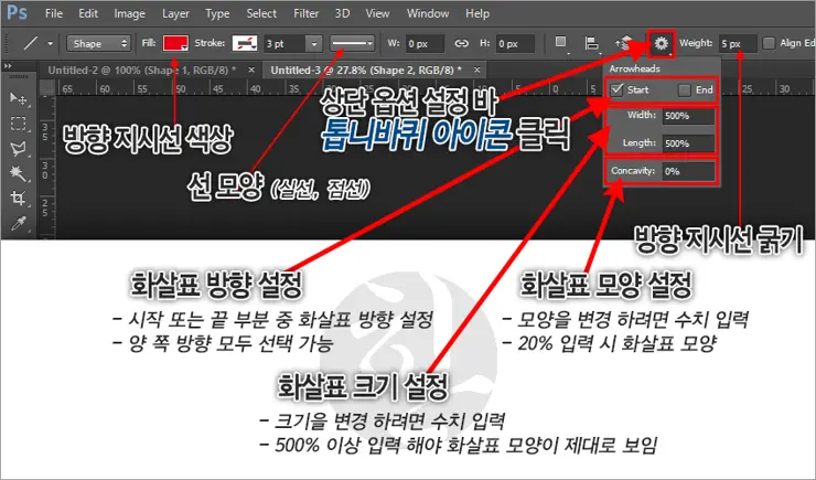포토샵에서 라인툴을 이용한 화살표, 방향지시선 삽입 방법